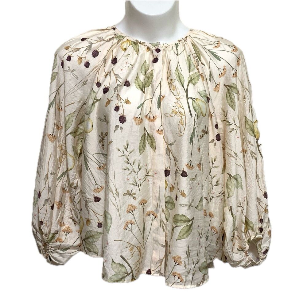 H&M Blouse Womens Size XL Beige Floral Long Sleeve Round Neck Lightweight Top
